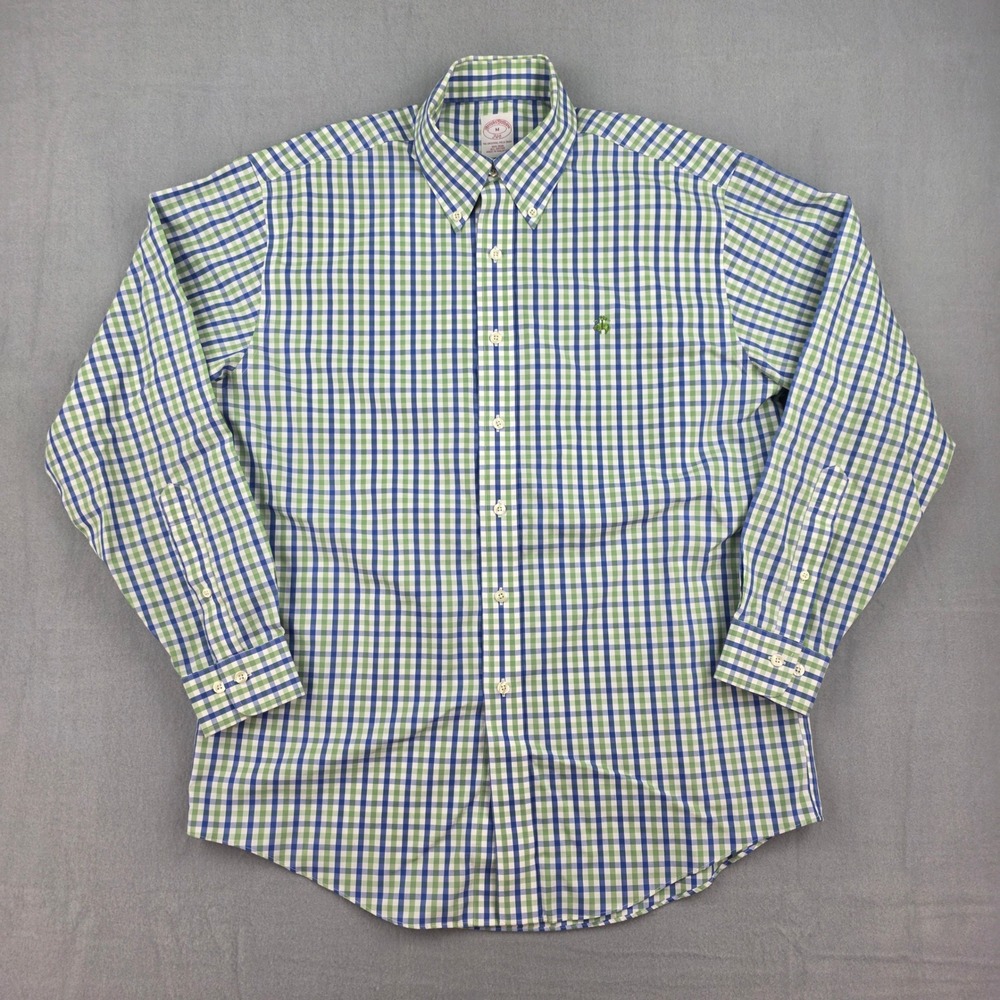 Brooks Brothers 346 Button Down Shirt Mens M Blue Green Gingham Non-Iron Cotton